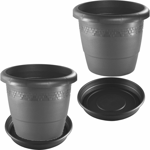 4x stuks bloempotten met onderschaal antraciet grijs rond diameter 40 cm -