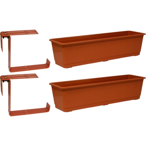 Set van 3 kunststof plantenbakken terracotta rechthoekig 60 cm met 6 verstelbare railing beugels -