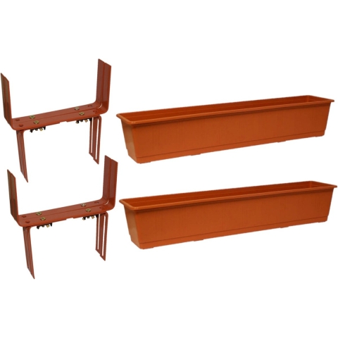 Set van 3 kunststof plantenbakken terracotta rechthoekig 80 cm met 6 verstelbare balkon/muurbeugels -