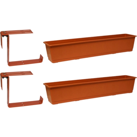 Set van 2 kunststof plantenbakken terracotta rechthoekig 80 cm met 4 verstelbare railing beugels -