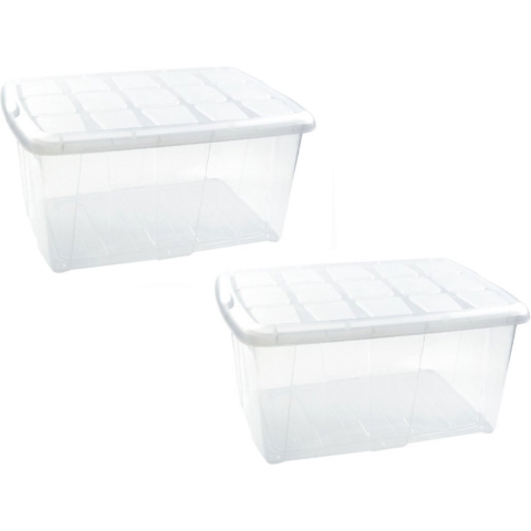 Plasticforte opslagbak organizers met deksel - 6x - transparant/wit - 60 liter - kunststof -
