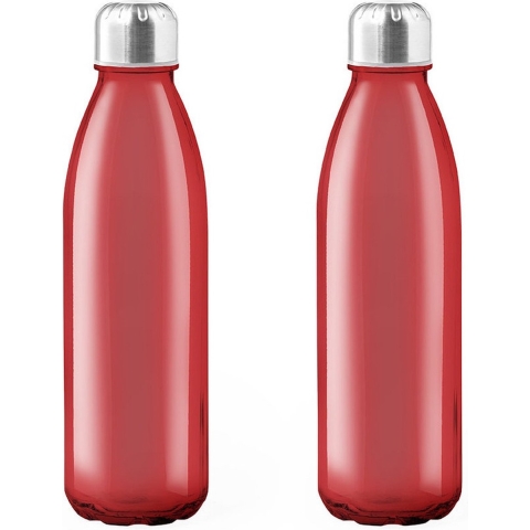 Glazen waterfles/drinkfles met RVS dop - 4x - rood transparant - 650 ml - Sportfles - Bidon -