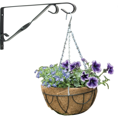 Hanging basket 25 cm met klassieke muurhaak donkergrijs en kokos inlegvel - metaal - hangmand set -