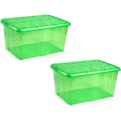 5x Opslagbakken/organizers met deksel 60 liter 63 x 46 x 32 transparant groen -