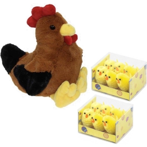 Pluche bruine kippen/hanen knuffel van 25 cm met 12x stuks mini kuikentjes -