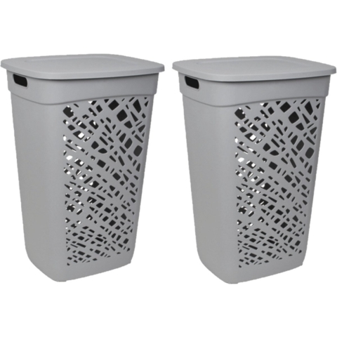 2x stuks wasmanden/wasboxen met deksel grijs kunststof L43 x B36 x H63 cm -
