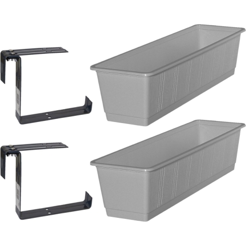 Set van 5 kunststof plantenbakken grijs rechthoekig 60 cm met 10 verstelbare railing beugels -