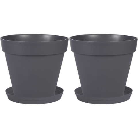 Set van 2x stuks bloempotten Toscane kunststof antraciet grijs D40 x H32 cm inclusief onderschalen D -