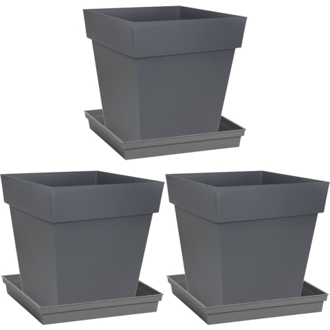 Set van 3x stuks bloempotten Toscane vierkant kunststof antraciet grijs 32 x 32 x 32 cm inclusief on -
