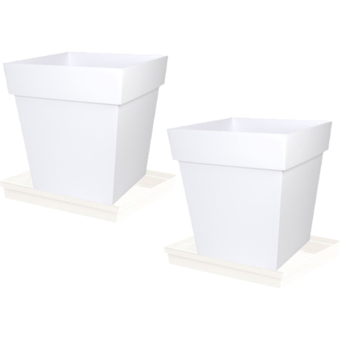 Set van 3x stuks bloempotten Toscane vierkant kunststof wit 39 x 39 x 39 cm inclusief onderschalen -