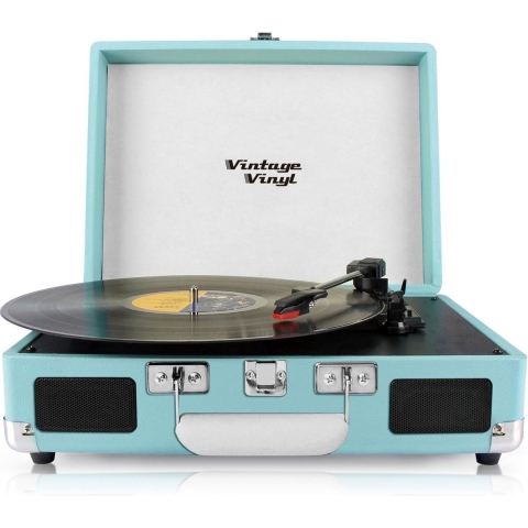 Vintage Vinyl kofferplatenspeler blauw - line-in