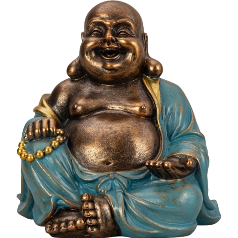 Boeddha beeld Happy Shaman - binnen/buiten - kunststeen - goud/jade - 22 x 23 cm -
