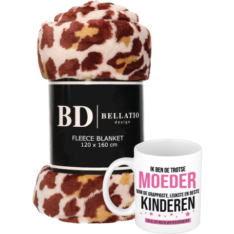 Cadeau moeder set - Fleece plaid/deken panter print met Trotse moeder van leukste kinderen mok -