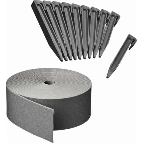 Kunststof grasrand / borderrand grijs inclusief 20x grondpennen 10 m x 7,5 cm -