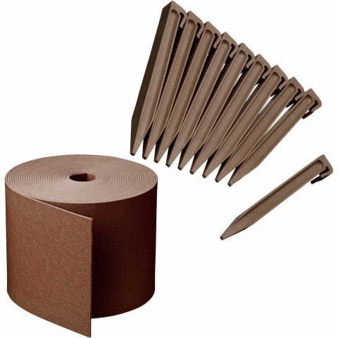 Kunststof grasrand / borderrand taupe bruin inclusief 10x grondpennen 10 m x 15 cm -