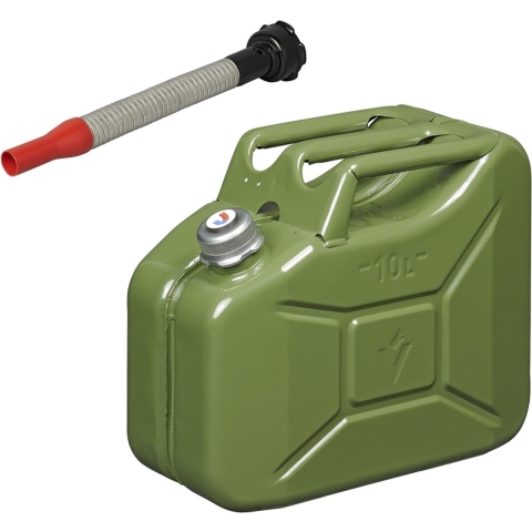 Metalen jerrycan legergroen voor brandstof met magnetische dop 10 liter incl. schenktuit -