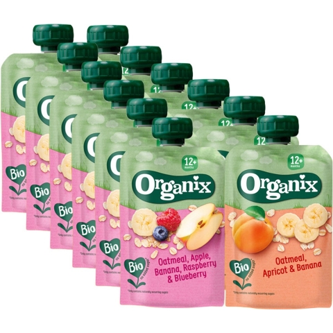 Knijpfruitpakket 12+m Haver - Havermout Abrikoos&Banaan 6x 100 gr&Havermout Appel Banaan Framboos&Bosbes 6x 100 gr - Pakket Pakket