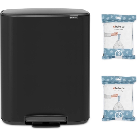 Brabantia Bo Prullenbak - 2 x 30 liter - met 80 Vuilniszakken - Afvalscheiding - Matt Black