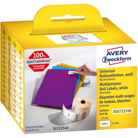 Avery-Zweckform Rol met etiketten Compatibel vervangt DYMO 11354, S0722540 57 x 32 mm Papier Wit 1000 stuk(s) Weer verwijderbaar Universele etiketten AS0722540