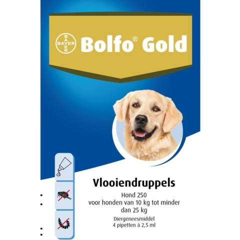 Bolfo Gold 250 Anti vlooienmiddel - Hond - 10 Tot 25 kg - 4 pipetten