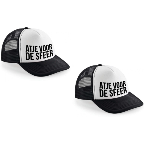 2x stuks zwart/ wit Atje voor de sfeer snapback cap/ truckers pet heren - feest petjes -