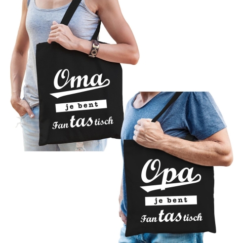 Oma en Opa je bent fanTAStisch tasje zwart - Cadeau tassen set voor Opa en Oma -