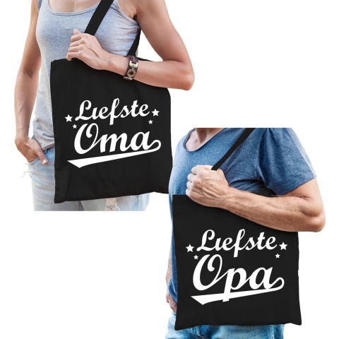Liefste Opa en Oma tasje zwart - Cadeau tassen set voor Opa en Oma -