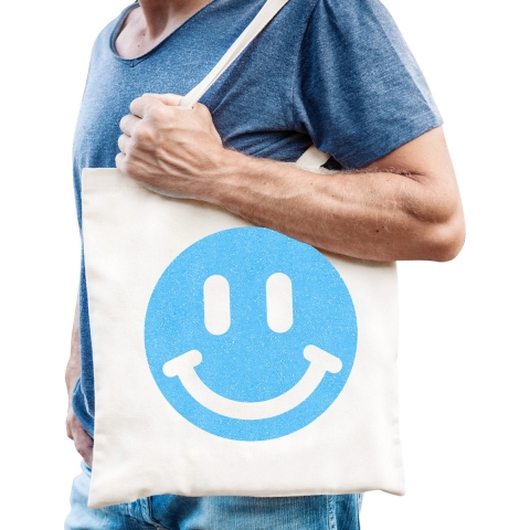 Cadeau tas voor heren - glitter Smile Emoticon - wit - katoen - 42 x 38 cm - Vaderdag - verjaardag -