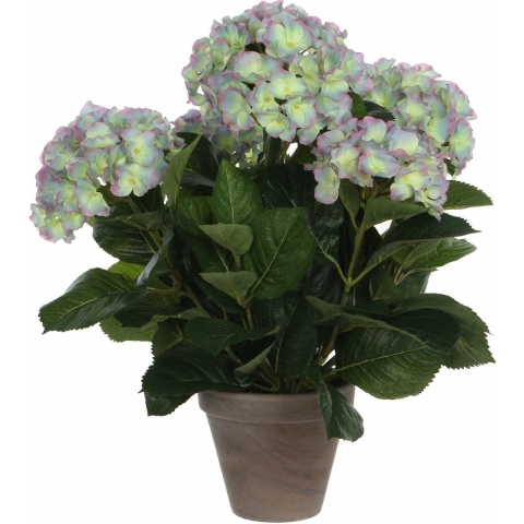 Mica Decorations Kunstplant Hortensia - groen/paars - 45 cm - in pot -