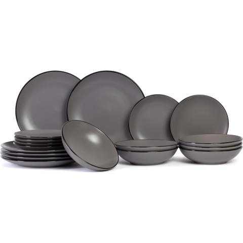 Cosy & Trendy Serviesset Speckle - Grijs 18-delig / 6 personen - 6 dinerborden, 6 diepe borden en 6 ontbijtborden