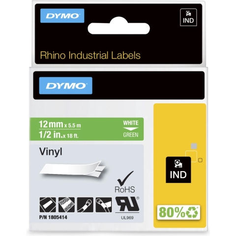 Labeltape DYMO IND RHINO 1805414 Vinyl Tapekleur: Groen Tekstkleur:Wit 12 mm 5.5 m