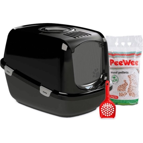 PeeWee Kattenbak XXL EcoDome Startpakket - Zwart - 66.5 x 48.5 x 46.5 cm