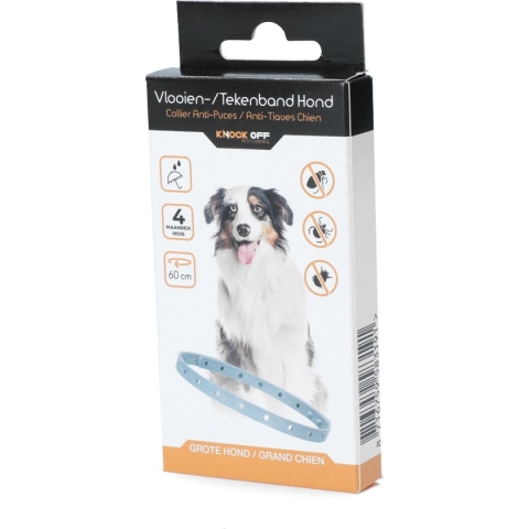 Knock Off Vlooien-tekenband – 100% Natuurlijke vlooienbestrijding - Zonder schadelijke pesticiden of gif – Effectief tot 4 maanden – Nederlands- en Franstalige handleiding – Regen- en waterbestendig - Geschikt voor grote honden – 60 cm