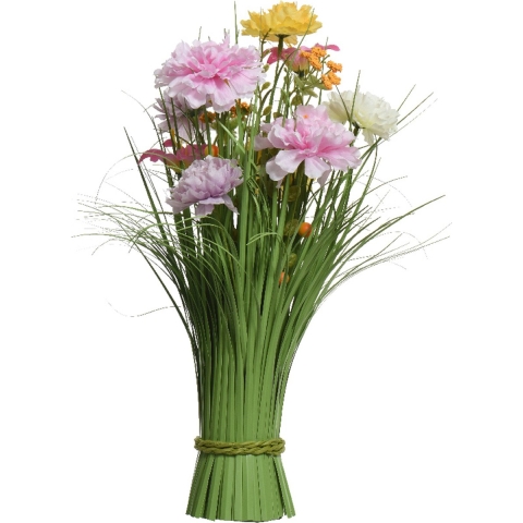 Kunstgras boeket bloemen - anjers - lila paars - geel - H40 cm - lente boeket -