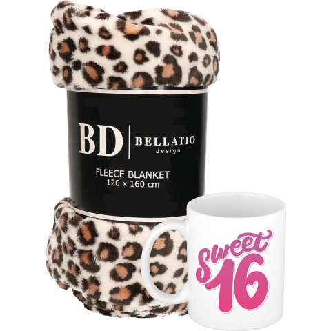 Cadeau verjaardag 16 jarige/ Sweet 16 set - Fleece plaid/deken luipaard print met Sweet 16 mok -