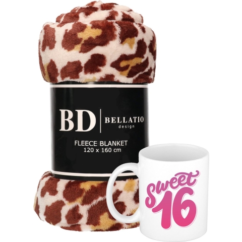 Cadeau verjaardag 16 jarige/ Sweet 16 set - Fleece plaid/deken panter print met Sweet 16 mok -