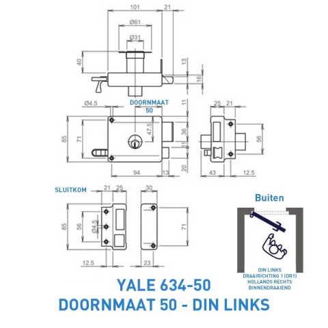 YALE 634-635 Yale oplegslot | 1 toers met vaste buitencilinder | DM 50mm | draairichting 1. - 7225120