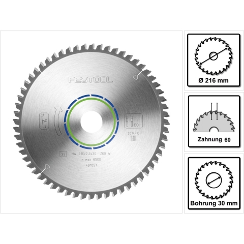 Festool Cirkelzaagblad voor Aluminium | Aluminium/Plastics | Ø 216mm Asgat 30mm 60T - 491051