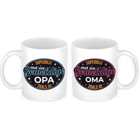 Superblij met een Opa en Oma zoals jij mok - Cadeau beker set voor Opa en Oma -