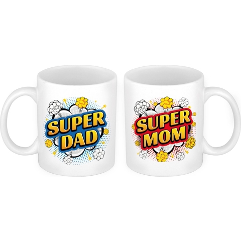 Super Dad en Mom cartoon mok - Cadeau beker set voor Papa en Mama -