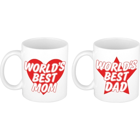 Worlds Best Mom en Dad mok rood - Cadeau beker set voor Papa en Mama -