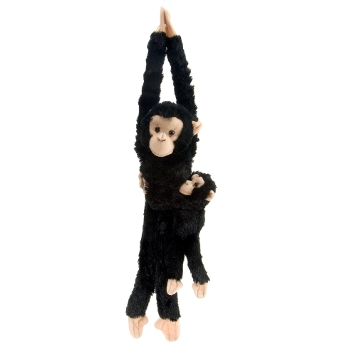 Wild Republic Pluche hangende aap - met baby knuffeldier - zwart - 53 cm -