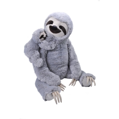 Wild Republic Pluche luiaard met jong knuffeldier - grijs - 38 cm - Bosdieren knuffels -