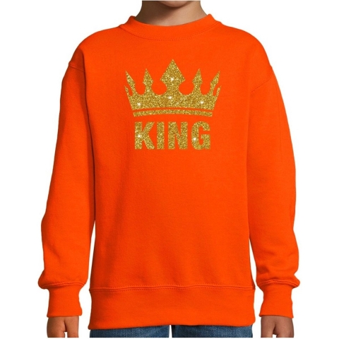 Oranje Koningsdag gouden glitter King sweater kinderen 96/104 (3-4 jaar) -