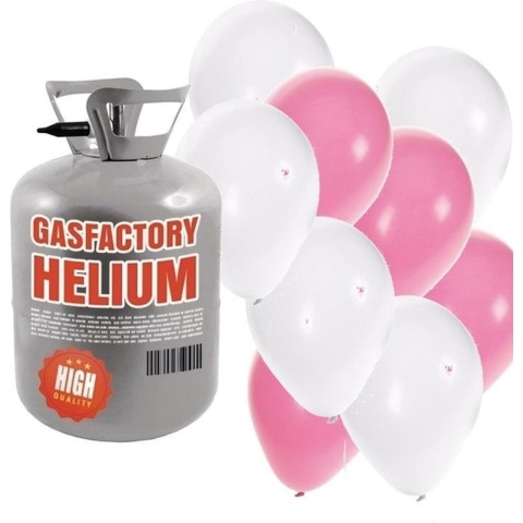 Helium tank met meisje geboren 50 ballonnen -