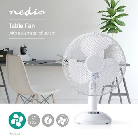 Nedis Tafelventilator - Netvoeding - Diameter: 300 mm - 35 W - Zwenkfunctie - 3 Snelheden - Wit