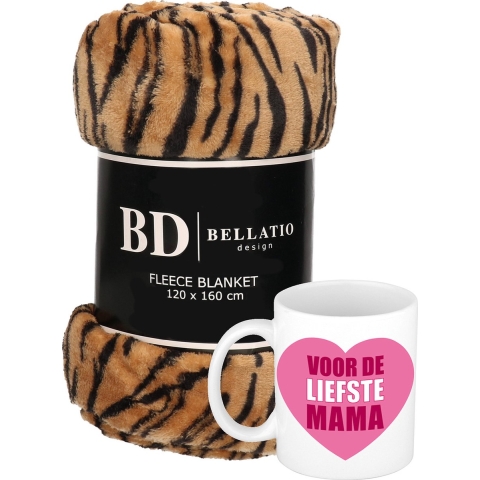 Cadeau moeder set - Fleece plaid/deken tijger print met Liefste Mama mok -