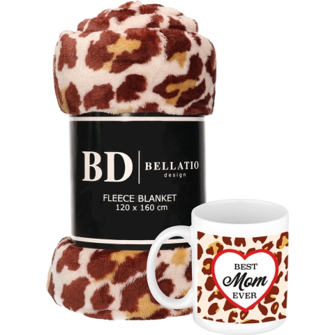 Cadeau moeder set - Fleece plaid/deken panter print met Best mom ever panterprint mok -