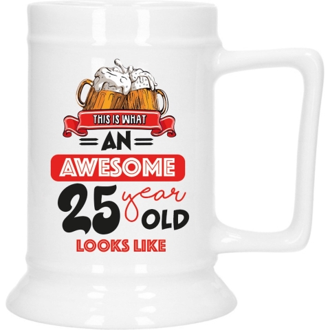 Cadeau Bierpul voor 25 jaar - rood - grappige leeftijd bierpul - keramiek - 530 ml -