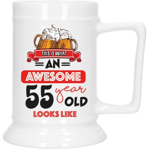 Cadeau Bierpul voor 55 jaar - rood - grappige leeftijd bierpul - keramiek - 530 ml -